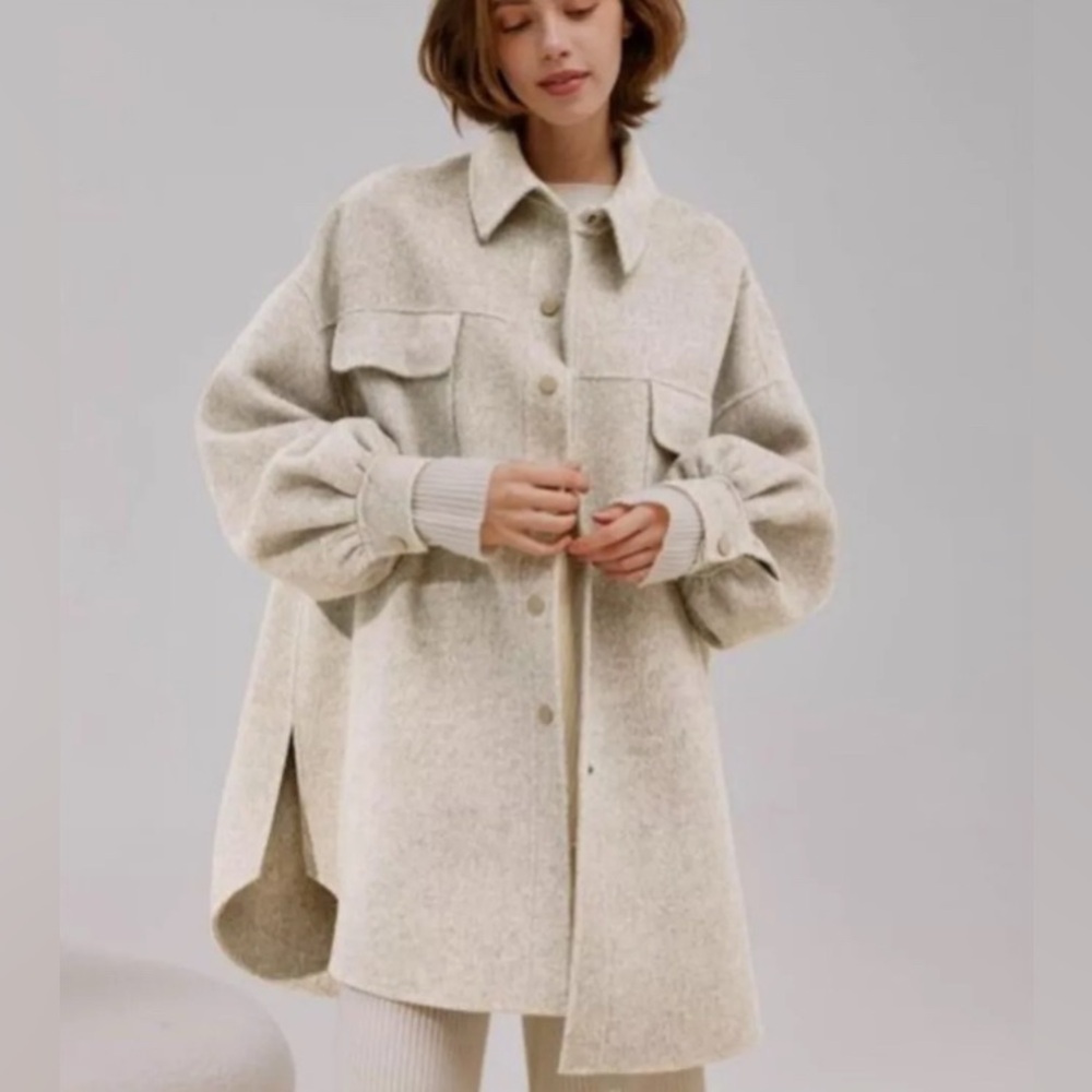 NAP Beige Wool Alpaca Oversized Button Front Shirt Jacket XS